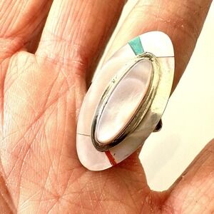VTG Navajo Inlay Turquoise Ring Sz 7 Coral Sterling‎ Signed Theresa Joe Native